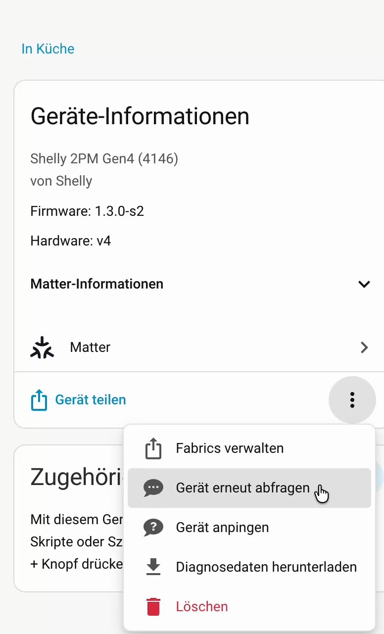 Drei-Punkte-Menü auf der Home-Assistant-Geräteseite mit dem Eintrag „Gerät erneut abfragen“