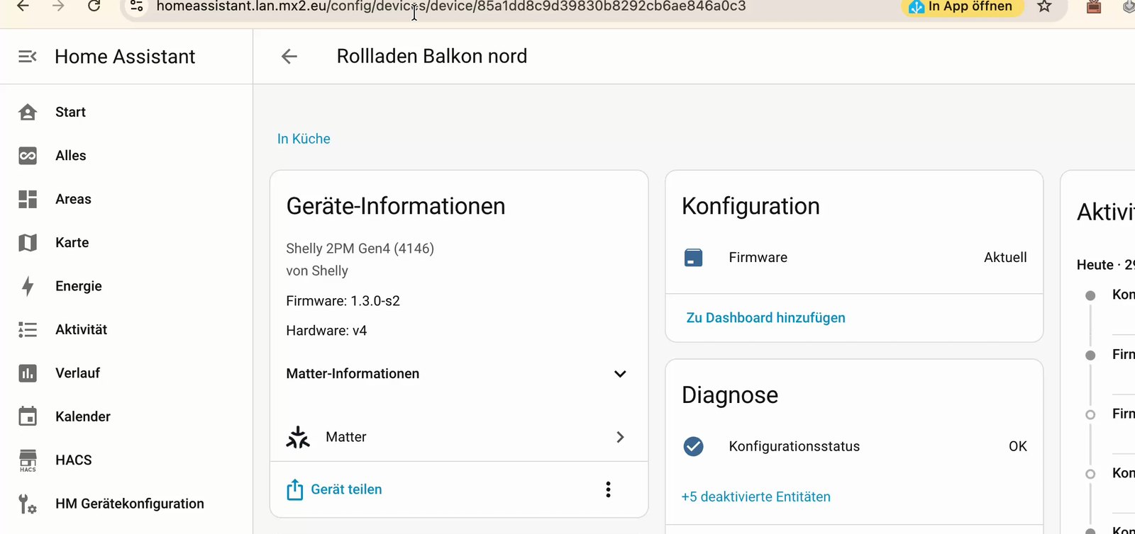 Home-Assistant-Geräteseite „Rollladen Balkon nord“: Shelly 2PM Gen4 per Matter mit Firmware 1.3.0, aber ohne Steuerung für den Rollladen
