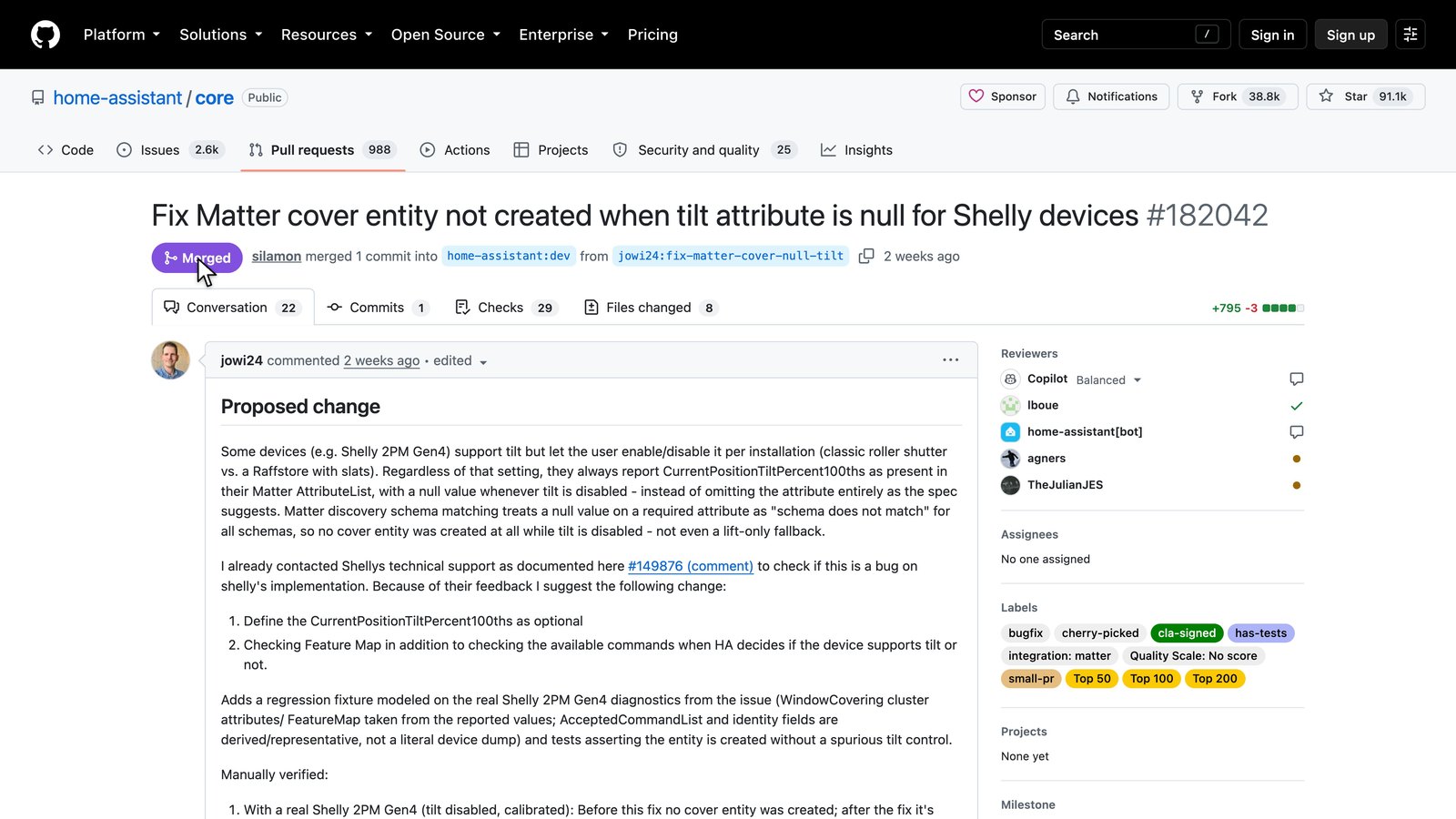 Pull Request home-assistant/core#182042 auf GitHub mit dem Status „Merged“