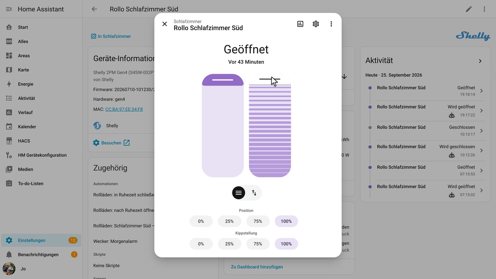 Home-Assistant-Dialog eines Raffstores mit zwei Reglern: links Position, rechts Lamellen